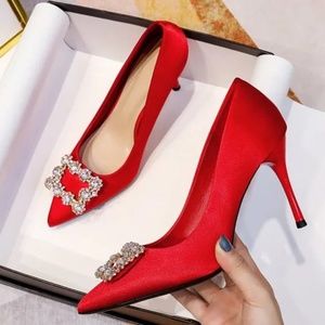 rhinestone satin point-toe pumps